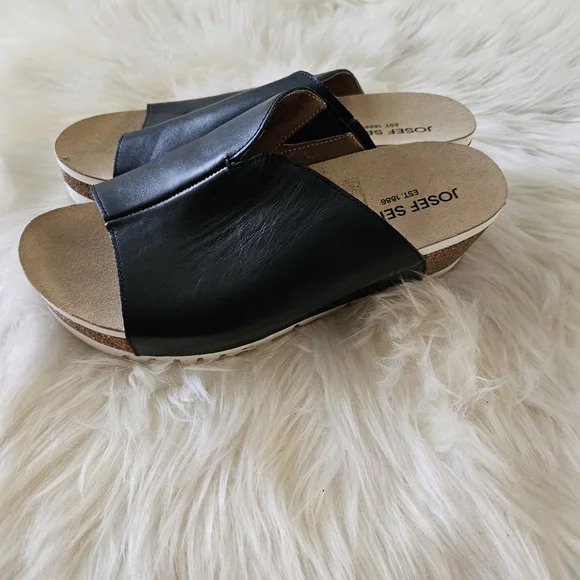 Josef Seibel Black Leather Slide Mule with Cork Wedge and White Outsole - Picture 6 of 12